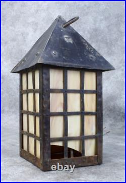 Arts and Crafts Outdoor Hanging Slag Glass Lamp With Wrought Iron Hanger
