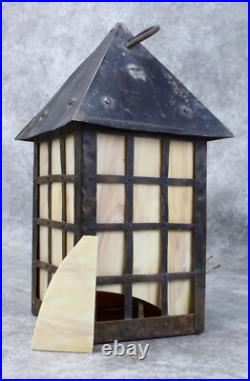 Arts and Crafts Outdoor Hanging Slag Glass Lamp With Wrought Iron Hanger