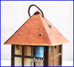 Arts and Crafts Outdoor Hanging Slag Glass Lamp With Wrought Iron Hanger