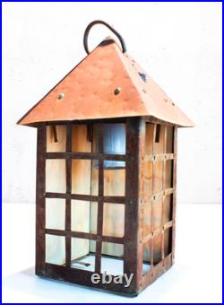 Arts and Crafts Outdoor Hanging Slag Glass Lamp With Wrought Iron Hanger