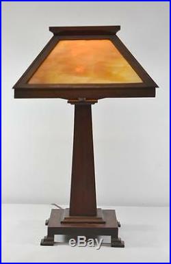 Arts and Crafts Stickley Style Oak Table Lamp with Slag Glass Shade
