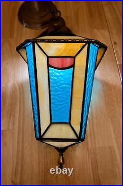 Arts and Crafts Tiffany Handel Style Hanging Leaded Stained Slag Lantern Lamp