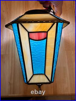 Arts and Crafts Tiffany Handel Style Hanging Leaded Stained Slag Lantern Lamp