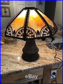 Arts and crafts slag stained glass lamp mission unusual base all original works