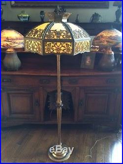 Arts crafts leaded slag glass antique bradley hubbard handel era floor lamp