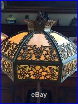 Arts crafts leaded slag glass antique bradley hubbard handel era floor lamp