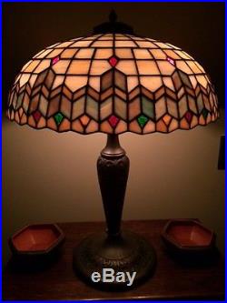 Arts crafts mission antique vintage slag glass leaded lamp bradley hubbard era