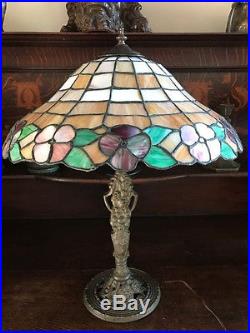 Arts crafts mission leaded slag glass antique Bradley hubbard handel era lamp nr