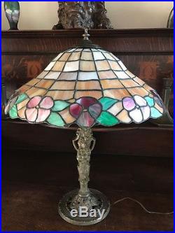 Arts crafts mission leaded slag glass antique Bradley hubbard handel era lamp nr