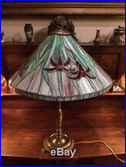 Arts crafts victorian antique vintage slag glass leaded lamp bradley hubbard era