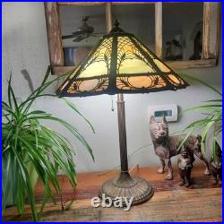 Atg Art Nouveau Brass Stamped Miller 1136 Working Lamp Slag Glass 6 Panel Shade