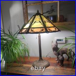 Atg Art Nouveau Brass Stamped Miller 1136 Working Lamp Slag Glass 6 Panel Shade