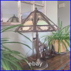 Atg Art Nouveau Brass Stamped Miller 1136 Working Lamp Slag Glass 6 Panel Shade