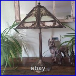 Atg Art Nouveau Brass Stamped Miller 1136 Working Lamp Slag Glass 6 Panel Shade