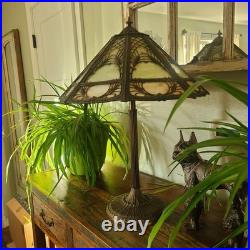 Atg Art Nouveau Brass Stamped Miller 1136 Working Lamp Slag Glass 6 Panel Shade