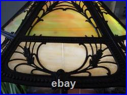Atg Art Nouveau Brass Stamped Miller 1136 Working Lamp Slag Glass 6 Panel Shade