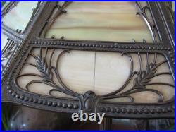 Atg Art Nouveau Brass Stamped Miller 1136 Working Lamp Slag Glass 6 Panel Shade