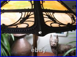 Atg Art Nouveau Brass Stamped Miller 1136 Working Lamp Slag Glass 6 Panel Shade