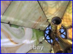 Atg Art Nouveau Brass Stamped Miller 1136 Working Lamp Slag Glass 6 Panel Shade