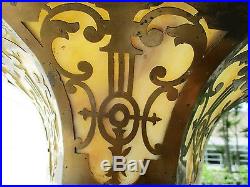 Atq Brass Arts & Crafts Stained Glass Slag Glass Wide Brass Filigree Chandelier