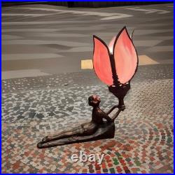 Atq/Vtg Art Nouveau Bronze Lady Pink Slag Glass Flower Lamp Chandler 11T & 12w