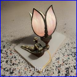 Atq/Vtg Art Nouveau Bronze Lady Pink Slag Glass Flower Lamp Chandler 11T & 12w