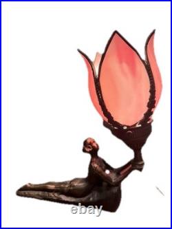 Atq/Vtg Art Nouveau Bronze Lady Pink Slag Glass Flower Lamp Chandler 11T & 12w