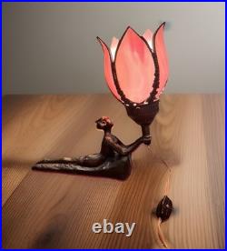 Atq/Vtg Art Nouveau Bronze Lady Pink Slag Glass Flower Lamp Chandler 11T & 12w