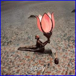 Atq/Vtg Art Nouveau Bronze Lady Pink Slag Glass Flower Lamp Chandler 11T & 12w
