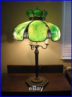 Awesome Antique Arts & Crafts Table Lamp Veriegated Green Slag Glass Shades NICE