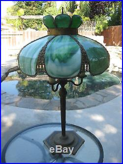 Awesome Antique Arts & Crafts Table Lamp Veriegated Green Slag Glass Shades NICE