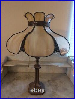 Awesome Table Lamp Antique Polygon Caramel Slag Glass Shade & Vintage Base