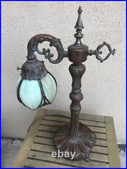Awesome Vintage Bridge Arm Lamp Antique Green Bent Curved Slag Glass Tulip Shade