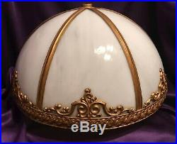 BEAUTIFUL ANTIQUE SIX PANEL SLAG GLASS & BRASS HANGING or LAMP DOME SHAPE SHADE