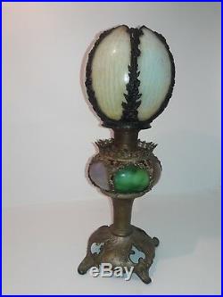 BRADLEY & HUBBARD MINIATURE BANQUET LAMP UNIQUE ANTIQUE SLAG GLASS Late1890's