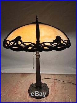 BRADLEY & HUBBARD Signed 18D Slag Glass Bronze Table Lamp 6 Panel Art Nouveau
