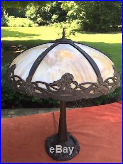 BRADLEY & HUBBARD Signed 18D Slag Glass Bronze Table Lamp 6 Panel Art Nouveau