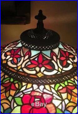 BREATHTAKING Antique Beaded Tiffany Style Jeweled Leaded Slag Stained Glass Lamp