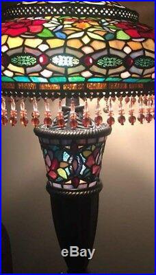 BREATHTAKING Antique Beaded Tiffany Style Jeweled Leaded Slag Stained Glass Lamp