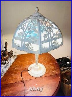 B & H / antique arts craft MILLER OVERLAY landscape Slag Glass Metal Lamp WOW