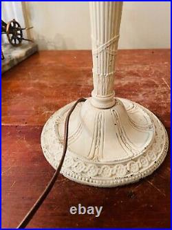B & H / antique arts craft MILLER OVERLAY landscape Slag Glass Metal Lamp WOW