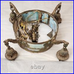 Beautiful 1920's Slag Glass Scenic Chandelier Ceiling Lamp Light Circular Round
