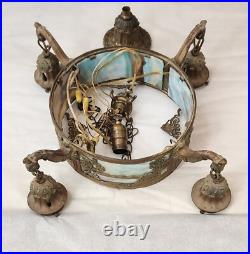 Beautiful 1920's Slag Glass Scenic Chandelier Ceiling Lamp Light Circular Round