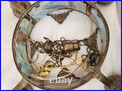 Beautiful 1920's Slag Glass Scenic Chandelier Ceiling Lamp Light Circular Round