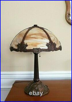 Beautiful Antique Art Nouveau Stained Slag Glass 6 Panel Table Lamp