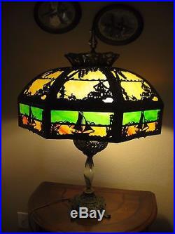 Beautiful Antique Arts & Crafts Slag Glass Double Down Socket Table Lamp NO SHIP