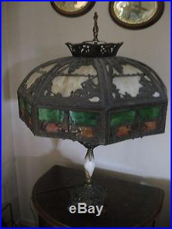 Beautiful Antique Arts & Crafts Slag Glass Double Down Socket Table Lamp NO SHIP