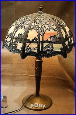 Beautiful Antique Miller & Co Slag Glass 6 Panel Lamp with Original Shade