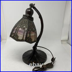 Beautiful Bronze & Slag Glass Antique Handel Desk Lamp Sunset Forest 15.5