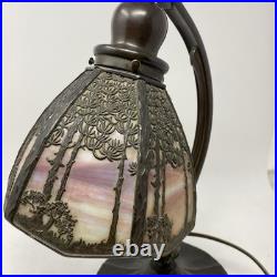 Beautiful Bronze & Slag Glass Antique Handel Desk Lamp Sunset Forest 15.5